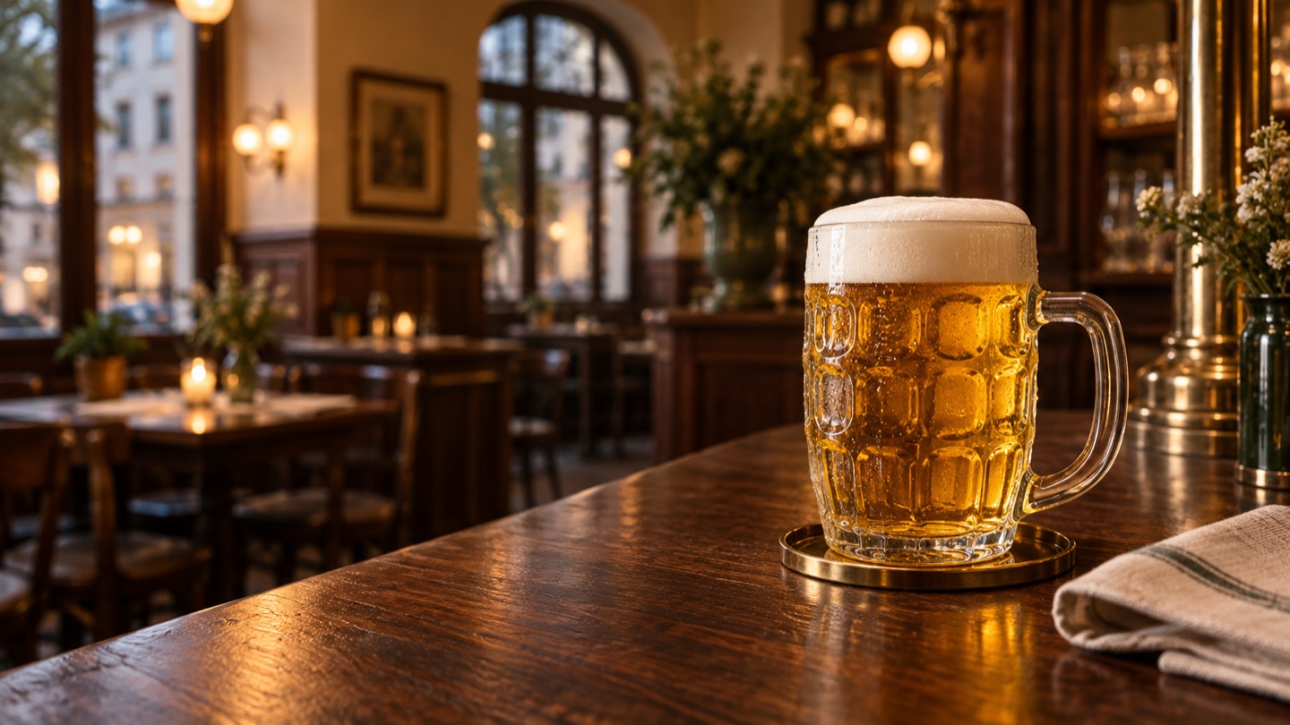 Ungebrandetes Bierglas auf einer dunklen Holztheke in einer österreichischen Gaststube.